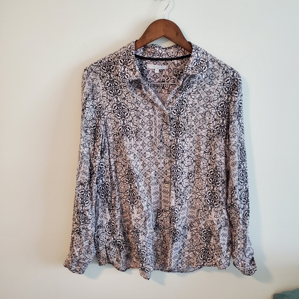 Foxcroft paisley ornate button down long sleeve collared blouse size 14 tencel